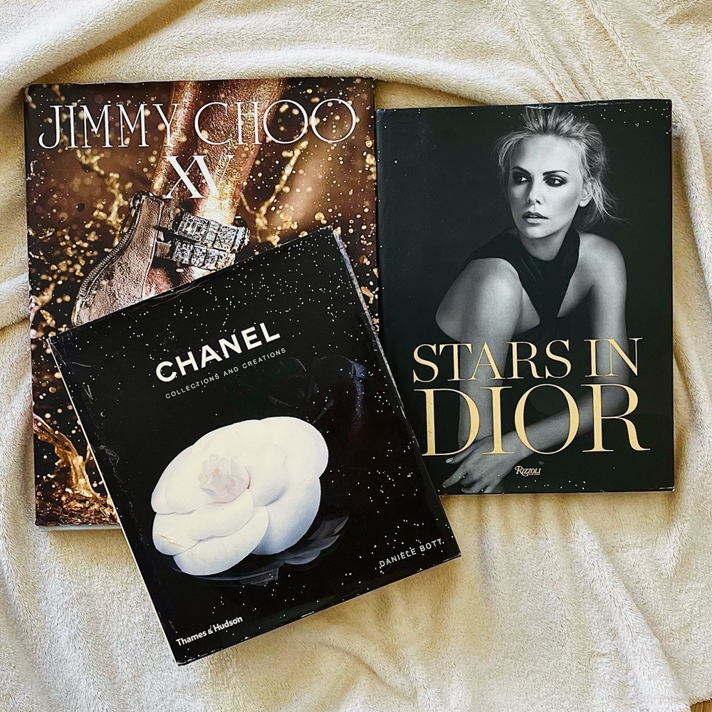 Trio of luxury fashion Books Chanel, Dior, & Jimmy Choo.